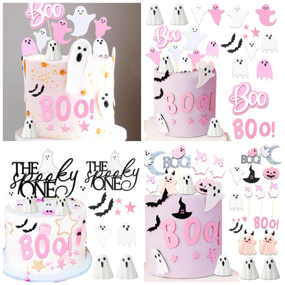 LaVenty Pink Halloween Cake Decoration Spooky One Ghost Cake Decoration Boo is One Cake Topper for Halloween Party Supplies