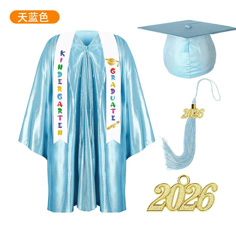 2025 Year Preschool and Kindergarten Graduation Gown Cap Tassel Set with 2025/2026 Charm Printed Stole Grad Gift for Boys Girls