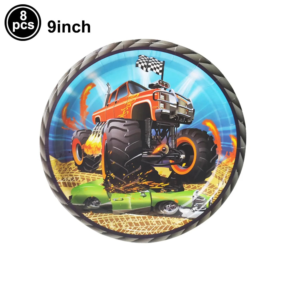 Monster Truck Birthday Party Paper Plates Cup Napkin Tablecloth Balloon Hanging Swirls Banner Monster Truck Birthday Party Decor