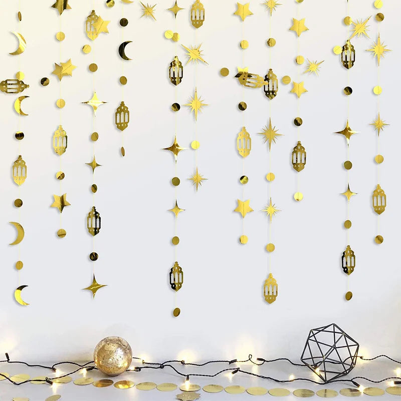 Gold Star Moon Circle Dot Crescent Lamp Eid Paper Garland Gold Mubarak Ramadan Streamer Backdrop Muslim Party Banner Decorations