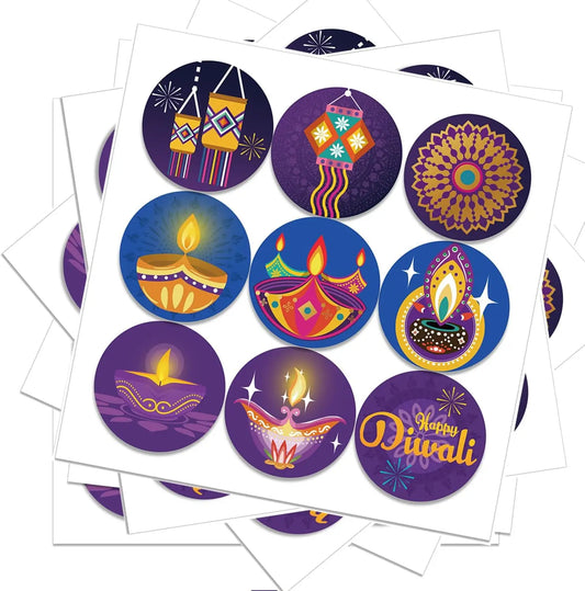 Happy Diwali stickers Colorful different styles Round Diwali stickers Indian Festival of Lights party decoration
