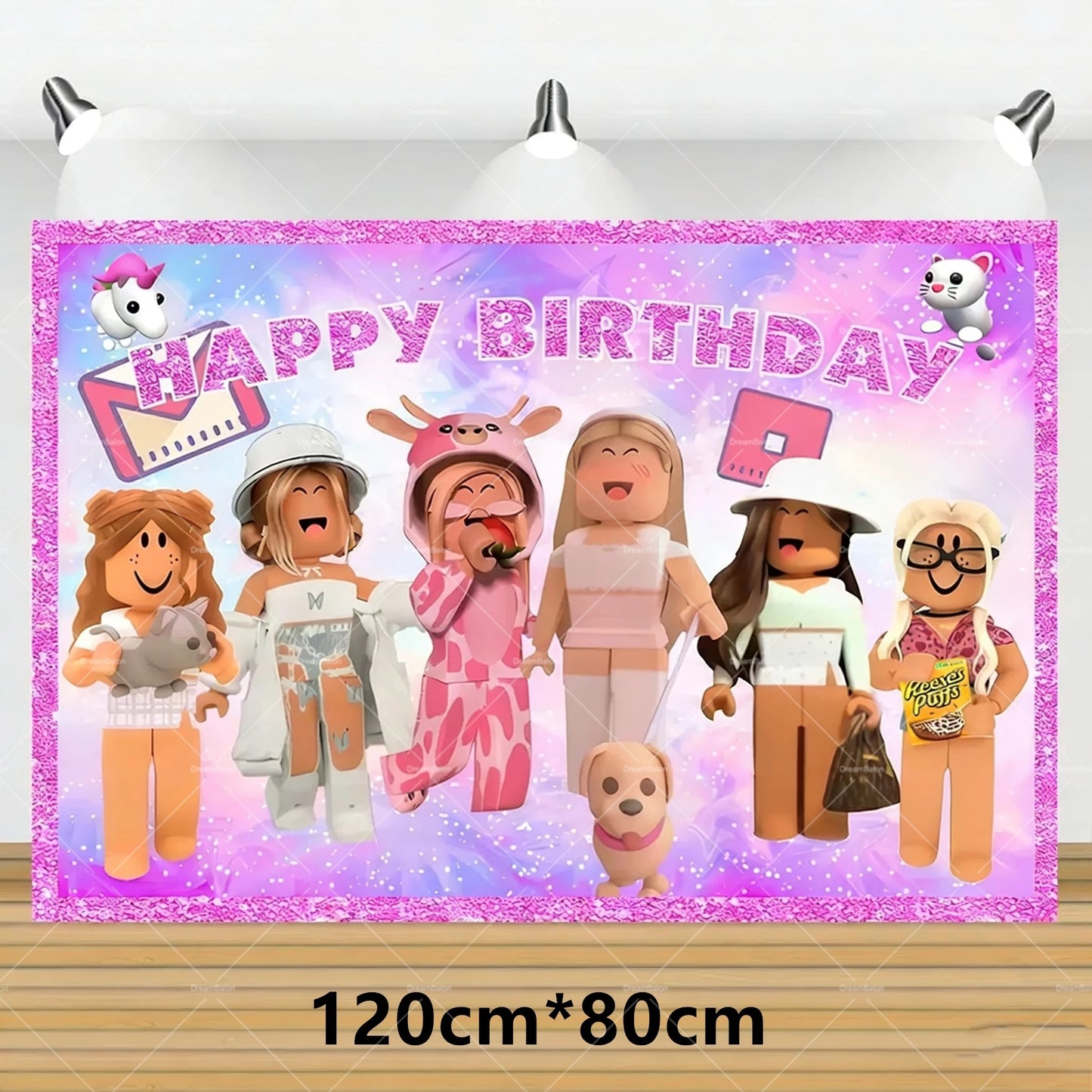 Pink Roblox Balloons Happy Birthday Banner Party Decoration Hot Robot Game Cake Topper Disposable Tableware Kids Girl Background