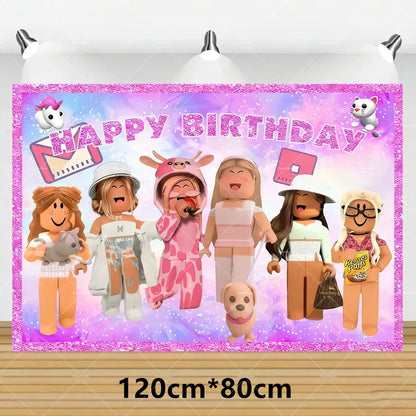 Pink Roblox Balloons Happy Birthday Banner Party Decoration Hot Robot Game Cake Topper Disposable Tableware Kids Girl Background
