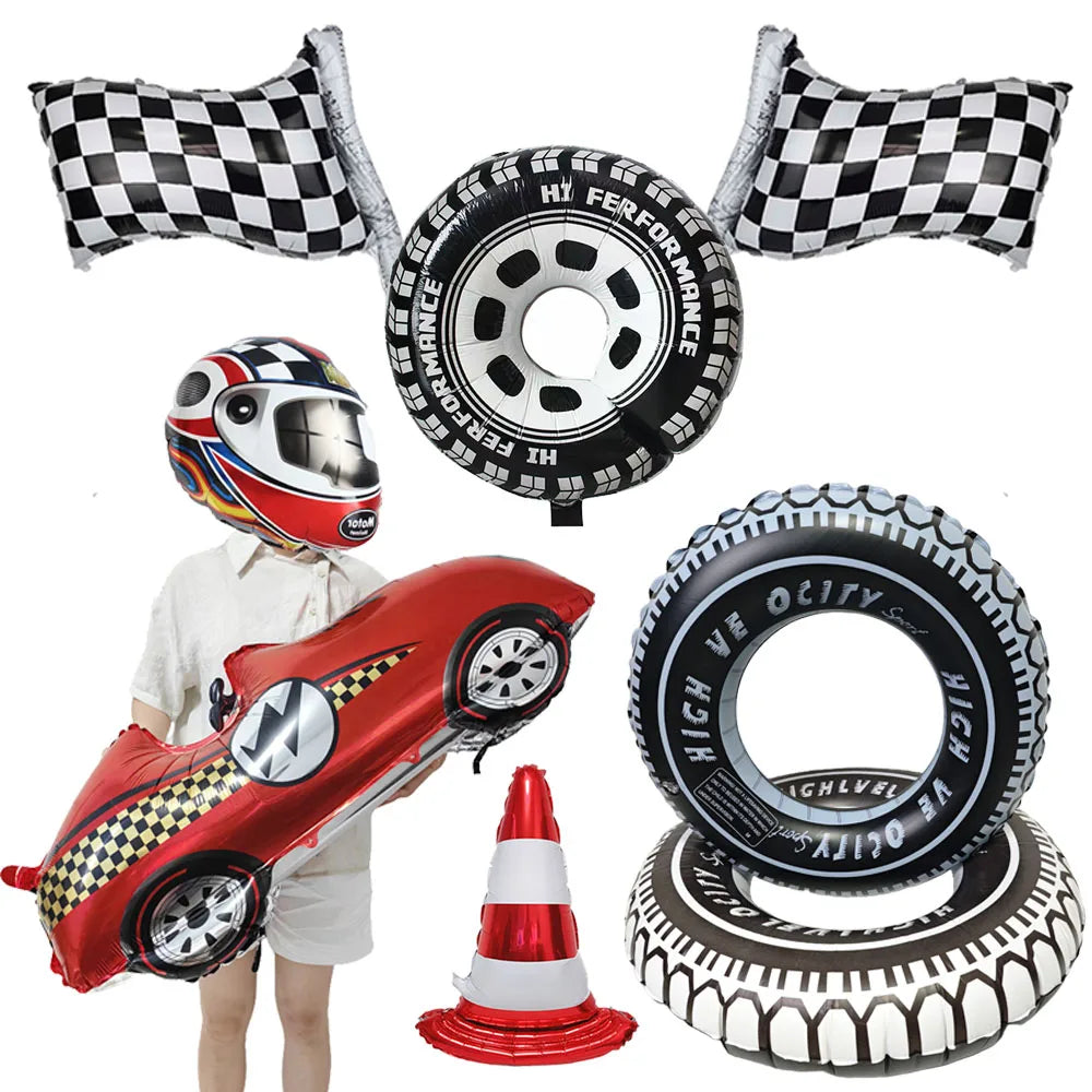Car Race Balloons Traffic Cones Black White Checkered Flags Racing Wheel tire Foil Balloon Kids Car Birthday Party Decorations