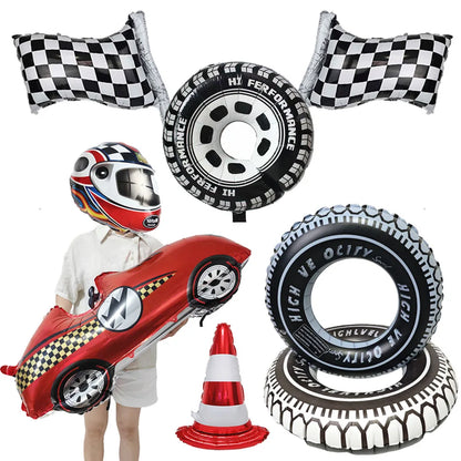 Car Race Balloons Traffic Cones Black White Checkered Flags Racing Wheel tire Foil Balloon Kids Car Birthday Party Decorations