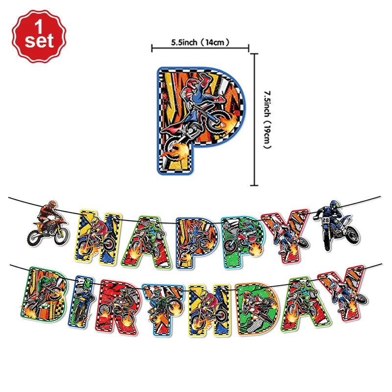Motocross Dirt Bike Birthday Party Banner Cake Topper Foil Motorcycle Balloon for Boy Kids Motor Theme Party Decoration Supplies