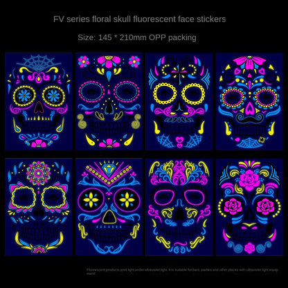 1/4/8PCS Waterproof Fluorescent Temporary Tattoo Neon Halloween Stickers Day of the Dead Party Festival Night Bar Face Stickers