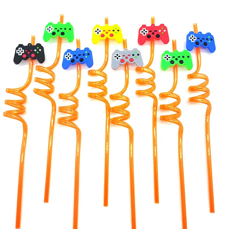 8pcs 26cm Reusable Game Controller Plastic Helical   Straws Gamepad Toys Straw Game Console Theme Kids Birthday Party Decor