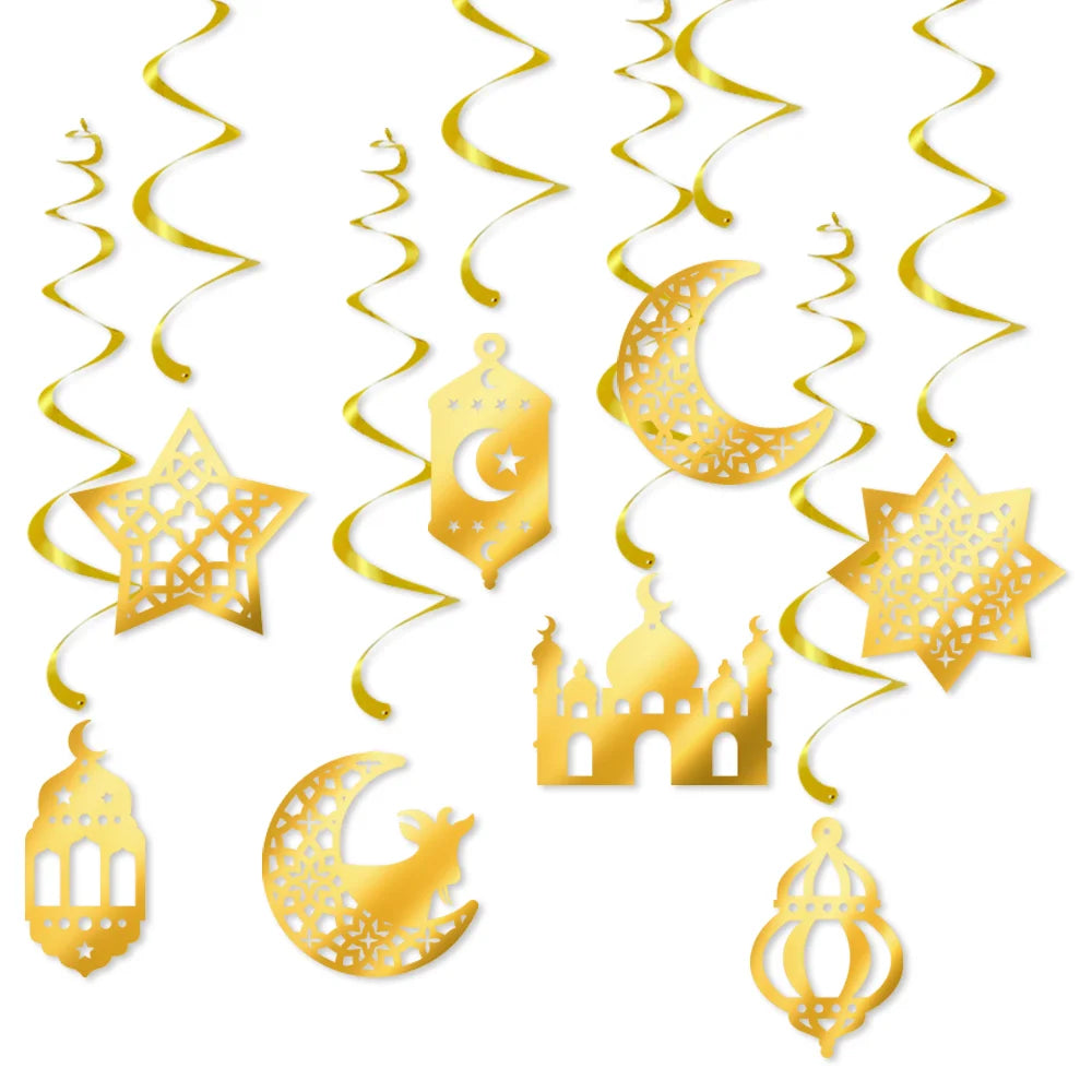 Eid Mubarak Paper Banner Garland 2025 Ramadan Moon Star Mosque Hanging Swirl Home Decoration Ornaments Islamic Muslim Party Gift