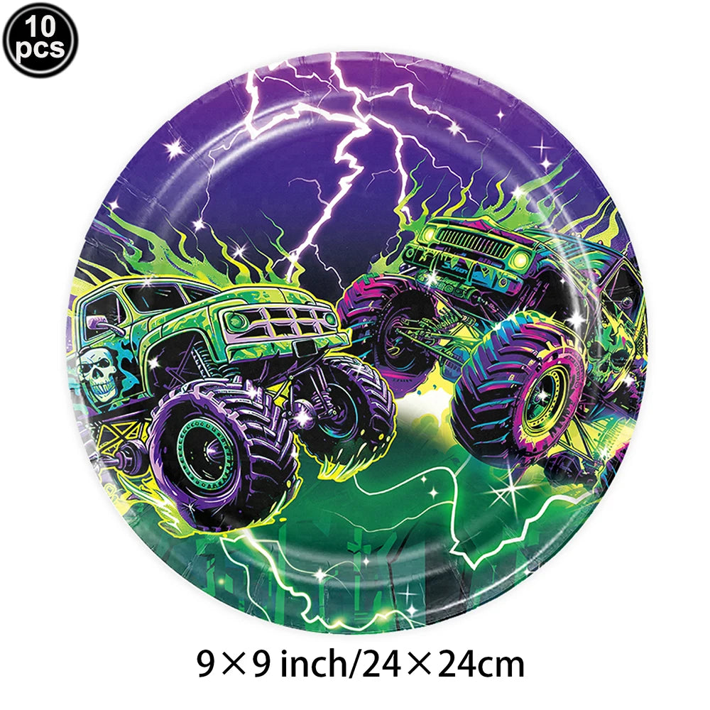 Monster Truck Birthday Party Paper Plates Cup Napkin Tablecloth Balloon Hanging Swirls Banner Monster Truck Birthday Party Decor