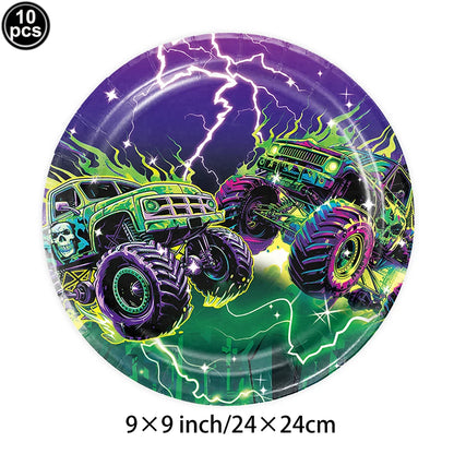 Monster Truck Birthday Party Paper Plates Cup Napkin Tablecloth Balloon Hanging Swirls Banner Monster Truck Birthday Party Decor
