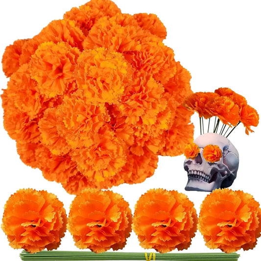 10Pcs Mexican Marigold Artificial Flowers for Day of The Dead Diwali Home DIY Craft Party Halloween Dia De Los Muertos Decor