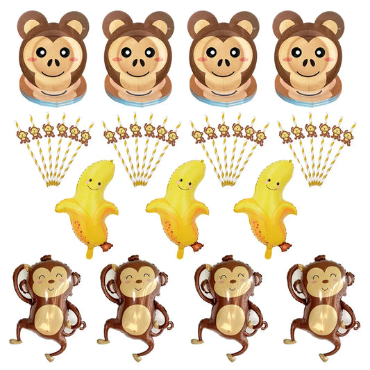 Monkey Party Supplies George Birthday Decorations Monkey Paper Plates Straw for Dinner Monkey Balloon Cake Decor