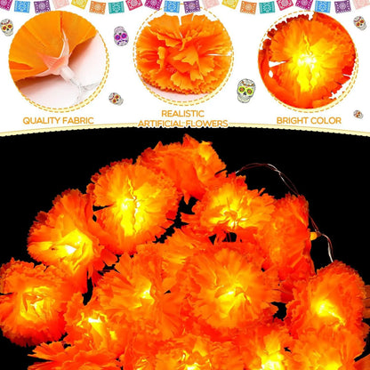 Marigold Garland for Decoration Lighted Day of The Dead Dia De Los Muertos Indian Diwali Altar Halloween Home Party Decor