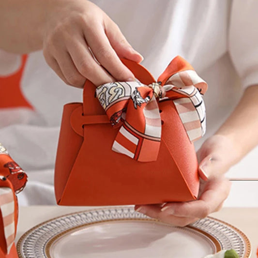1PC Leather Gift Bags Bow Ribbon Packaging Bag Wedding Favour Distributions Bags Eid Mubarak Candy Packaging Box Mini Handbag