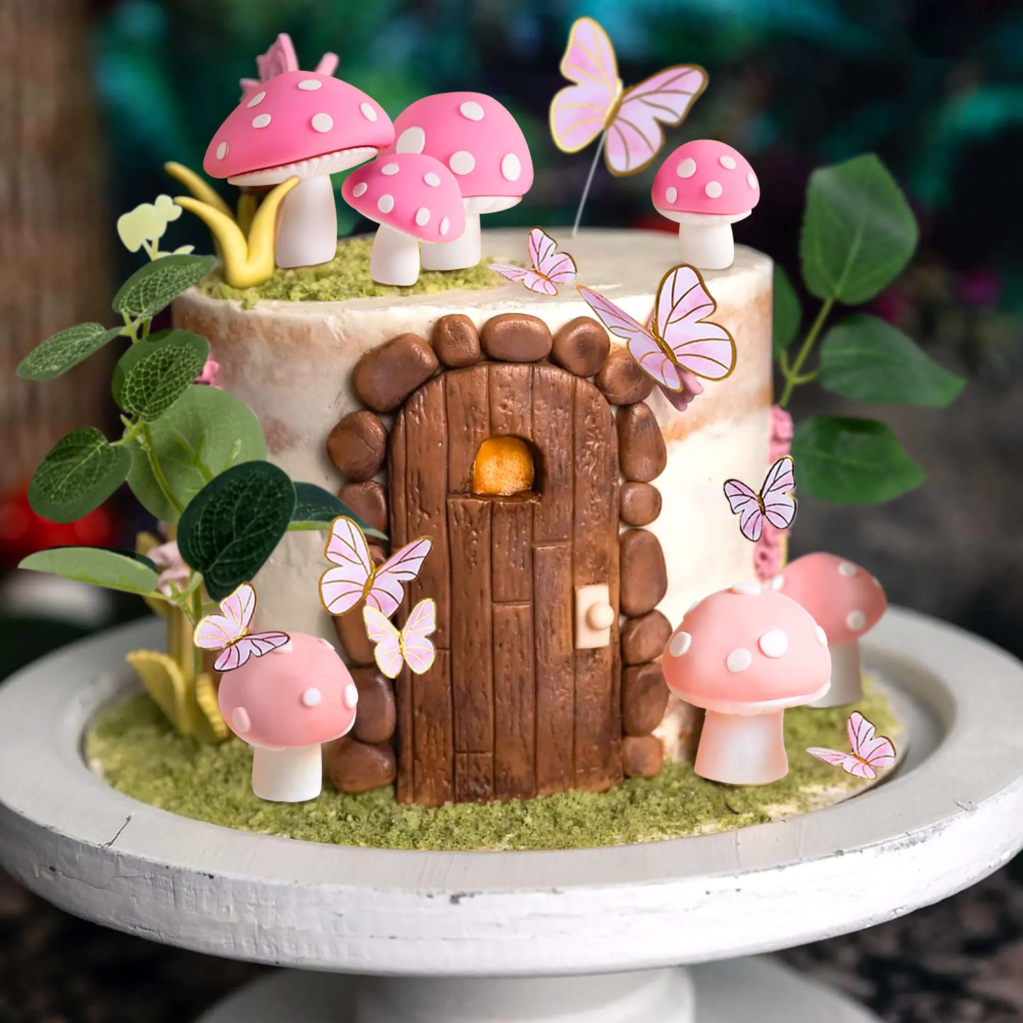 LaVenty Pink Mushroom House Cake Decoration Mushroom Cake Decoration Fairy Cake Decoration Garden Fairy Cake Decoration