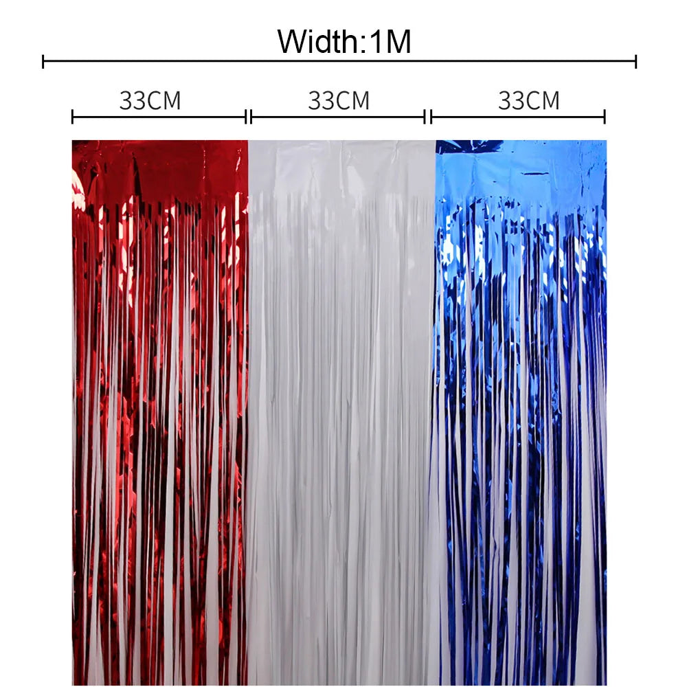 American Independence Day Decoration,American Flag,Red White Blue Metallic Tinsel Foil Fringe Curtains,4th Of July,Photo Props
