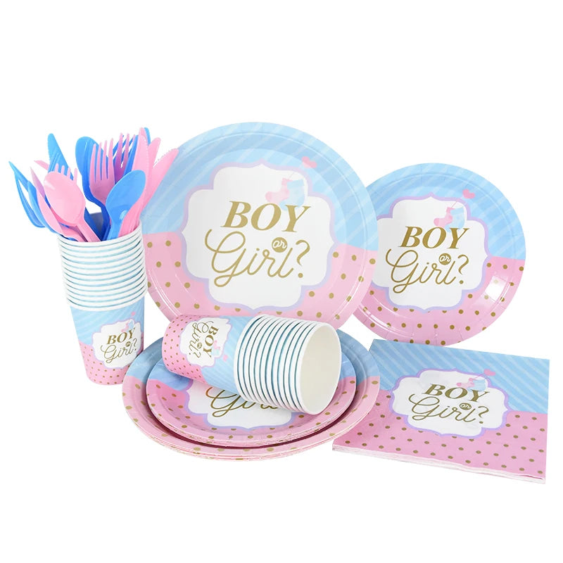 Gender Reveal Disposable Tableware Pink Blue Boy or Girl Plate Napkin Cup Tablecloth Baby Shower Party Table Decoration Supplies
