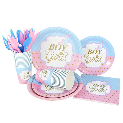 Gender Reveal Disposable Tableware Pink Blue Boy or Girl Plate Napkin Cup Tablecloth Baby Shower Party Table Decoration Supplies