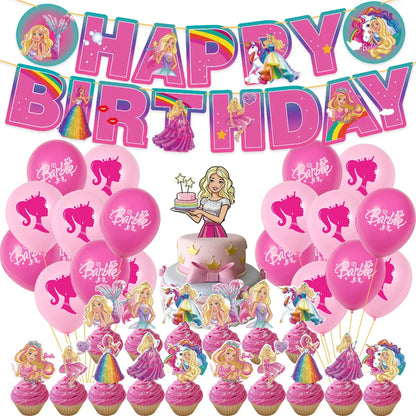 MINISO Barbie Birthday Party Decorations Tableware Paper Cups Plates Napkins Balloons Banner Backdrop Pink Baby Shower Supplies