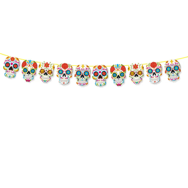 Mexico Day of  The Dead Theme Skull Banner Multicolor Mexican Photography Backdrop with Photo Booth Props Party Decorations