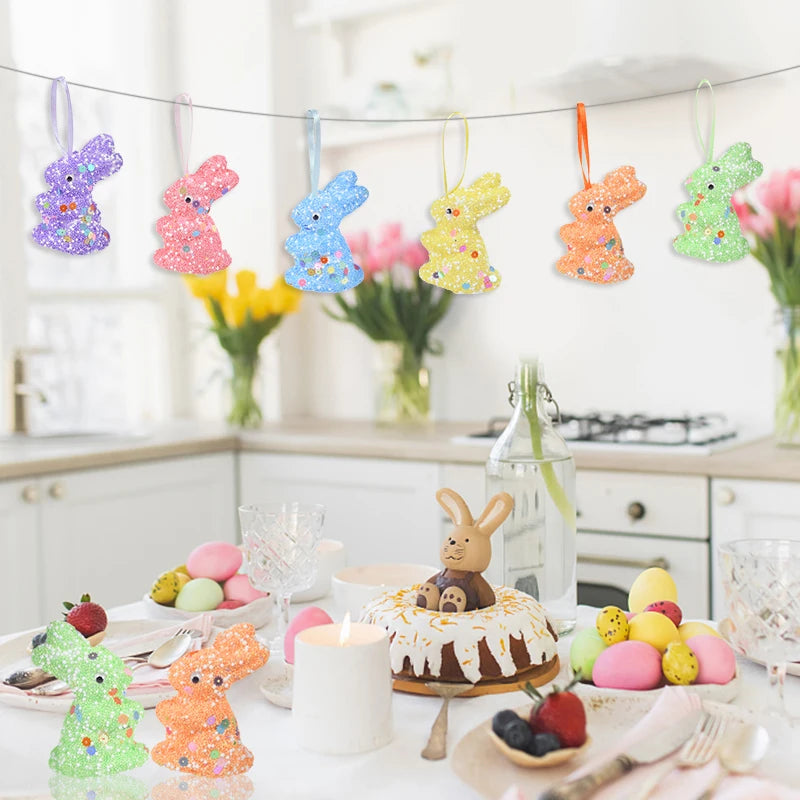 24/6pcs Painted Foam Easter Eggs Rabbit Hanging Ornaments Decoration for Home Easter Tree Pendants Basket Decor Kids Gift 2025