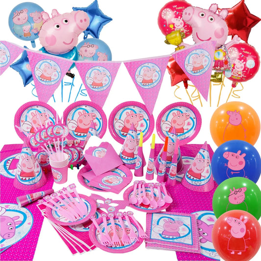 Cartoon Pig Family Birthday Party Balloon Decoration Set for Girls, Disposable Party Tableware Banner, Baby Shower  Birthday Hat