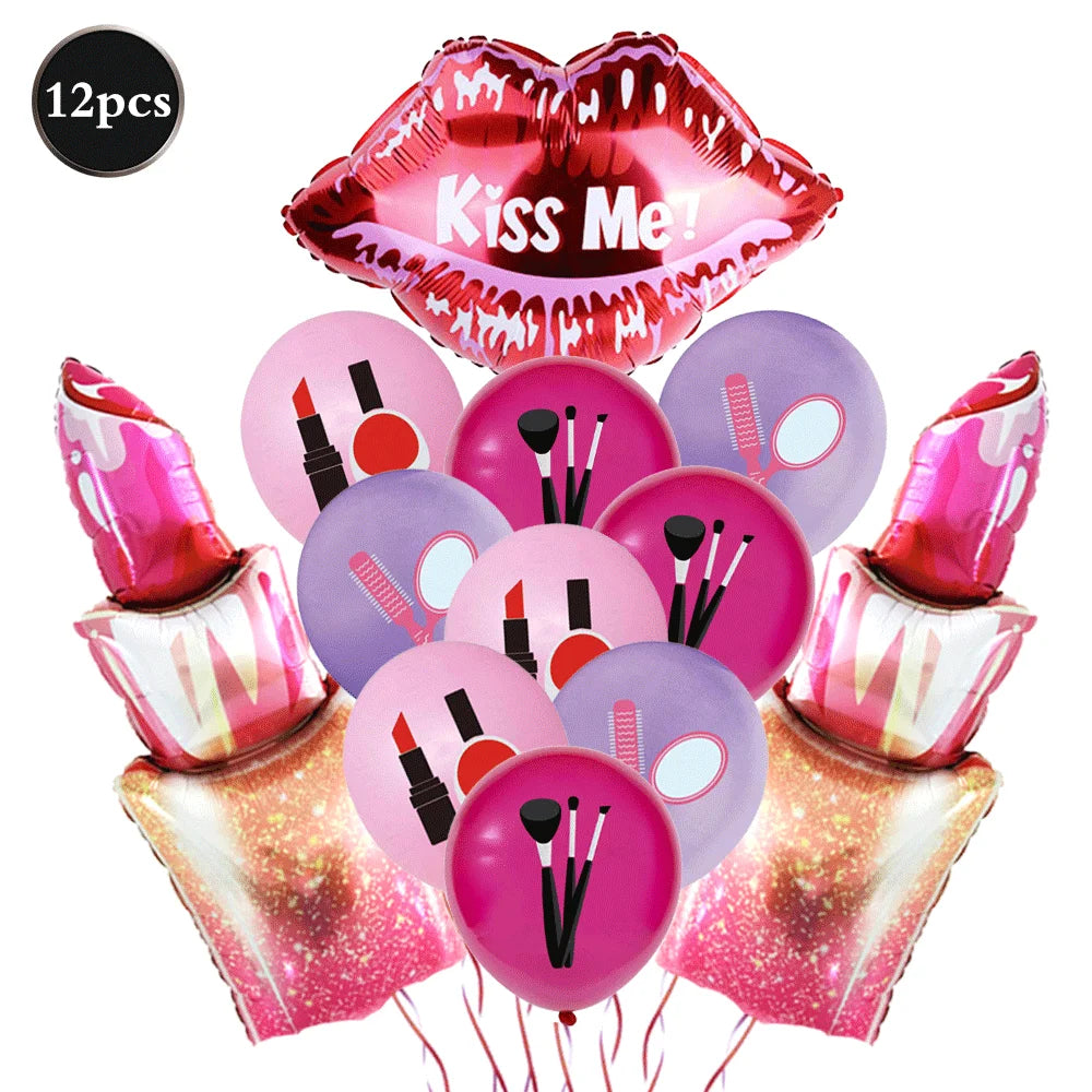 12pcs Spa Makeup Party Balloons Set Lipstick Lips High Heels Foil Ball Girl Bachelor Party Valentine's Day Wedding Bridal Shower