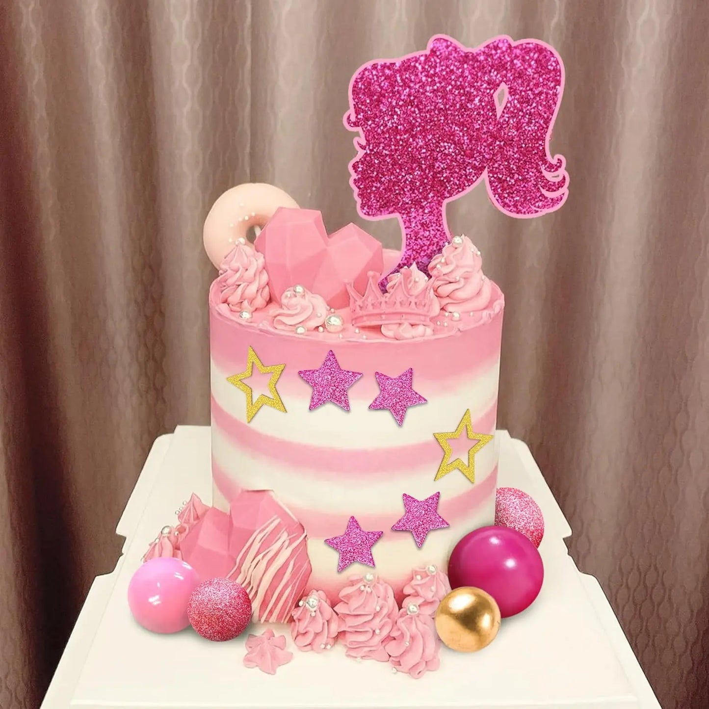 36 PCS Hot Pink Girl Cake Topper Balls Cake Decorations with Pink and Gold Balls Shiny Stars for Wedding Girl Birthday