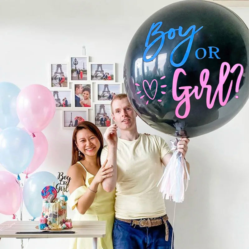 Boy or Girl Gender Reveal Party Decoration 36'' Giant Black Latex Balloon Blue Pink Confetti Baby Shower Globos Supplies