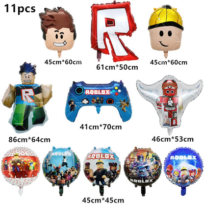 Pink Roblox Balloons Happy Birthday Banner Party Decoration Hot Robot Game Cake Topper Disposable Tableware Kids Girl Background