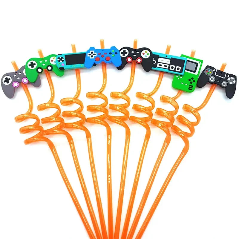 8pcs 26cm Reusable Game Controller Plastic Helical   Straws Gamepad Toys Straw Game Console Theme Kids Birthday Party Decor