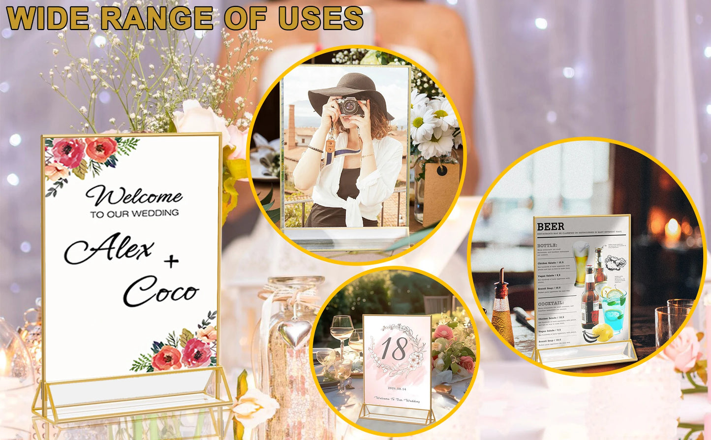 6-36 Transparent Acrylic Signage Gold Picture Frames Double-sided Display Stand Wedding Number Plate Table Flyer Menu Card Rack