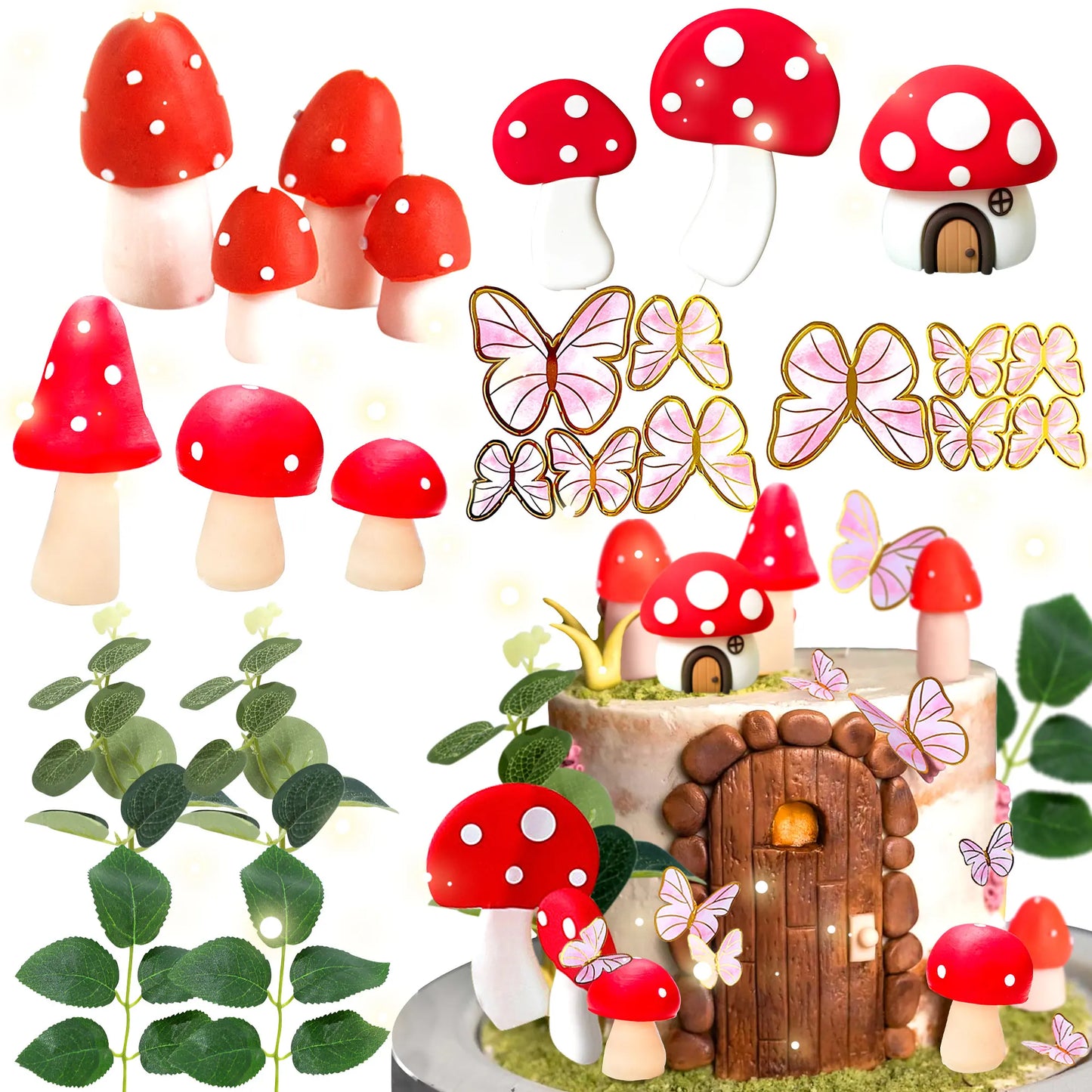 LaVenty Pink Mushroom House Cake Decoration Mushroom Cake Decoration Fairy Cake Decoration Garden Fairy Cake Decoration
