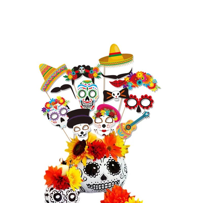 Mexico Day of  The Dead Theme Skull Banner Multicolor Mexican Photography Backdrop with Photo Booth Props Party Decorations