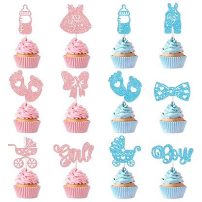12/24pcs Boy or Girl Cupcake Toppers Glitter Feet Onesie Dress Gender Reveal cake picks Cake Decoration Baby Shower kid birthday