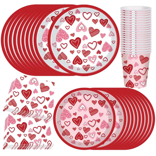 Valentine's Day Theme Disposable Tableware Pink Red Love Heart Pattern Paper Plates Cups Napkins Wedding Decoration Supplies