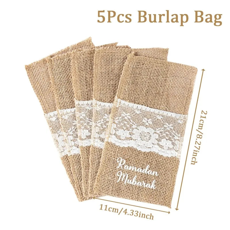 Eid Mubarak Burlap Cutlery Pouch Ramadan Decor for Home 2025 Table Decor Ramadan Kareem Islamic Muslim Party Eid Al-Fitr Gifts