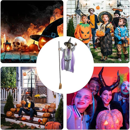 Flying Witch Decorations with Luminous Eyes Halloween Flying Witch on Broom Decor Animatronic Flying Witch for Garden Yard Lawn