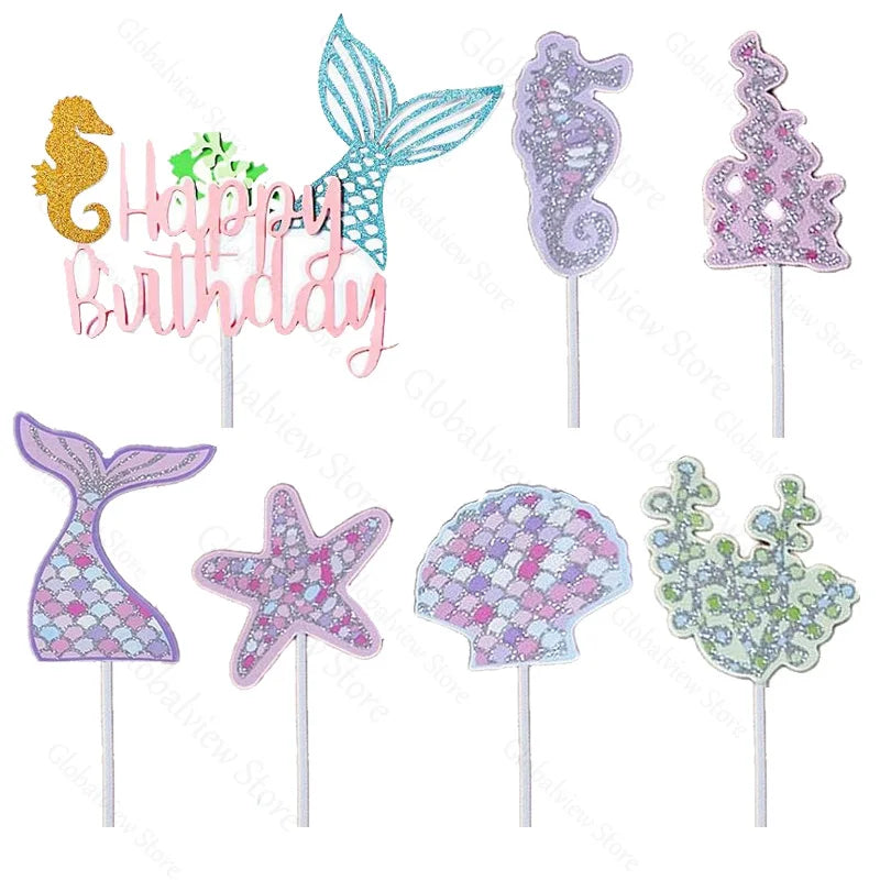 Mermaid Tail Cake Toppers Under the Sea Cake Decoration Seashell Sea Star Cake Topper for Birthday Baby Shower Wedding Cake Deco