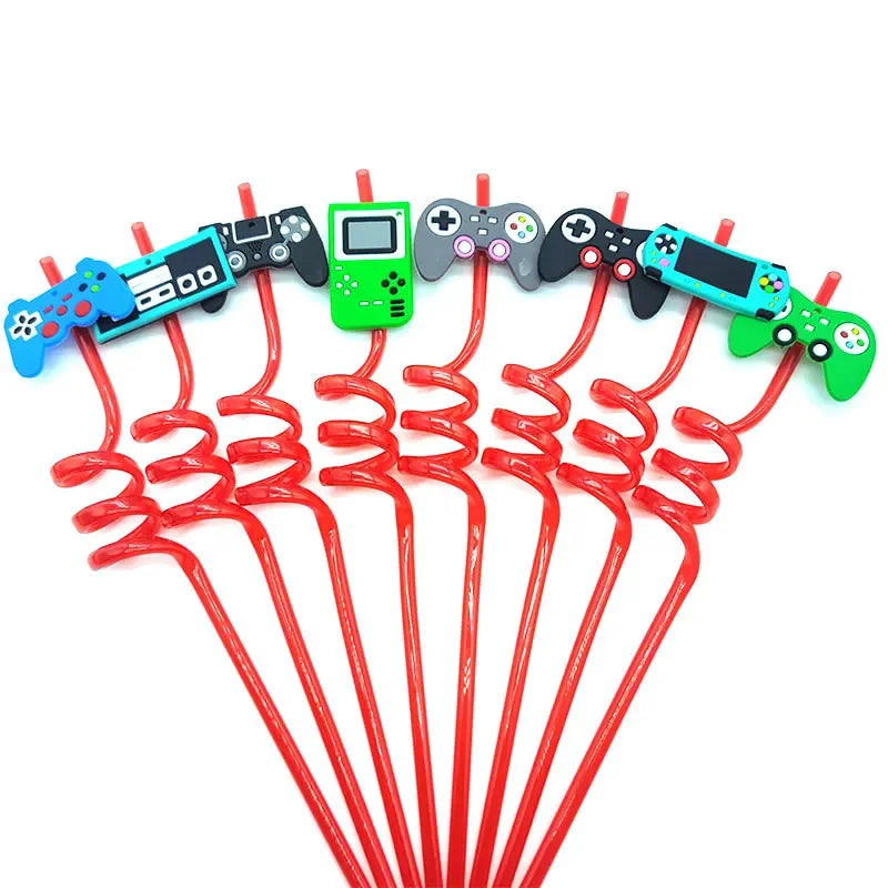 8pcs 26cm Reusable Game Controller Plastic Helical   Straws Gamepad Toys Straw Game Console Theme Kids Birthday Party Decor