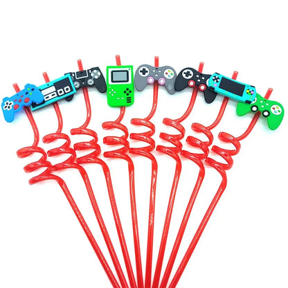 8pcs 26cm Reusable Game Controller Plastic Helical   Straws Gamepad Toys Straw Game Console Theme Kids Birthday Party Decor