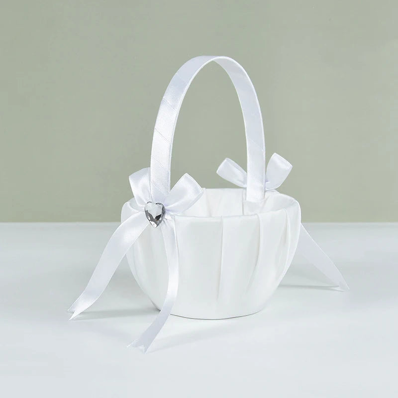20 cm White Flower Girls Basket Silk Wedding Basket for Flower Bride/Kids Hand Held Wedding Ceremony Party Decorations