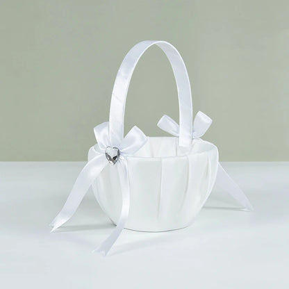 20 cm White Flower Girls Basket Silk Wedding Basket for Flower Bride/Kids Hand Held Wedding Ceremony Party Decorations