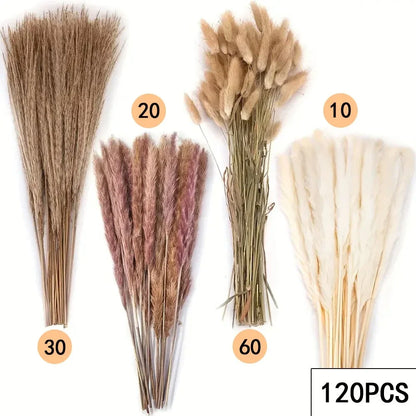 165PCS Pampas Grass Dried Flowers Boho Farmhouse Country Wedding Home Room Decor Bouquet Bunny Tail Grass DIY Artificial Flowers