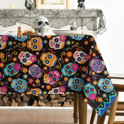 Halloween Mexico Day of The Dead Sugar Skull Flower Fabric Tablecloth Table Decor Waterproof Tablecloth for Table Party Supplies