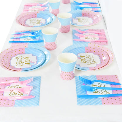 Gender Reveal Disposable Tableware Pink Blue Boy or Girl Plate Napkin Cup Tablecloth Baby Shower Party Table Decoration Supplies