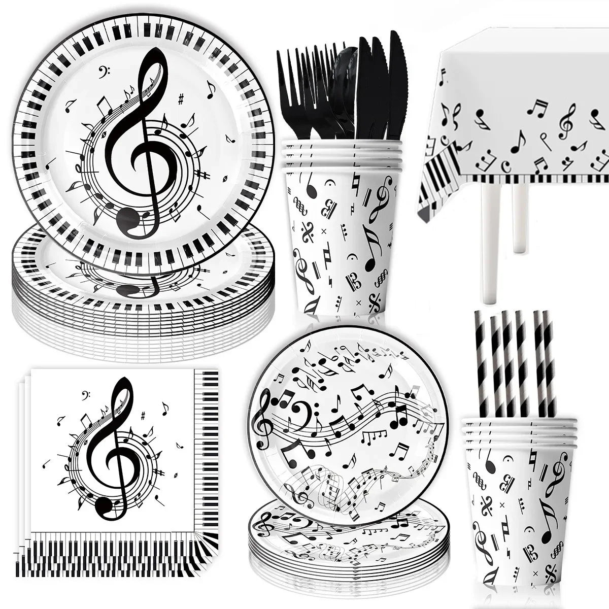 10Guests Music Festival Party Disposable Tableware White Black Note Happy Musical Lover Birthday Party Supplies