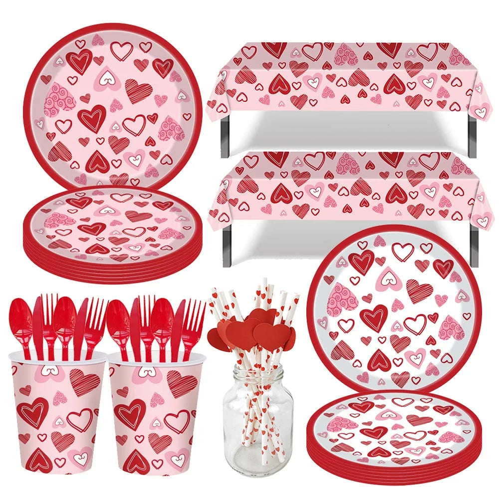 Valentine's Day Theme Disposable Tableware Red Love Heart Pattern Paper Plates Cups Napkins Girls Wedding Party Decor Supplies