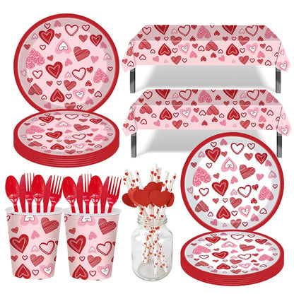 Valentine's Day Theme Disposable Tableware Red Love Heart Pattern Paper Plates Cups Napkins Girls Wedding Party Decor Supplies